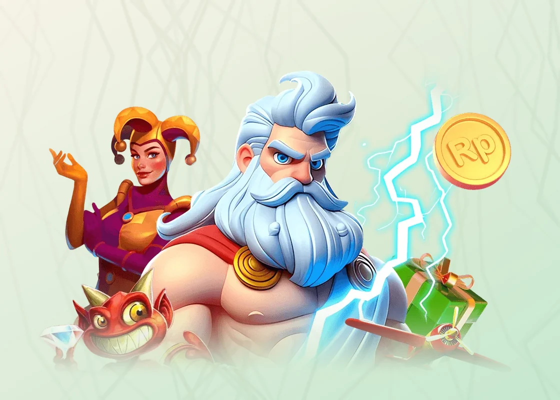 Zeus berjanggut putih, jester, dan iblis merah qtgame pada artwork resmi dengan latar marmer mint