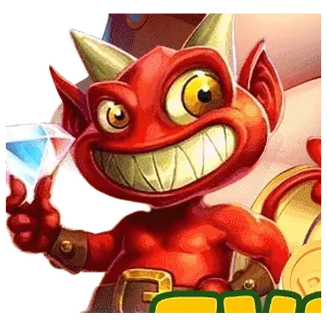 Iblis merah kecil memegang berlian biru di atas koin emas