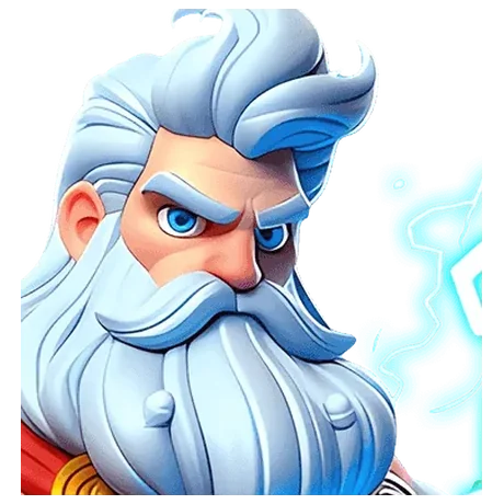 Potret Zeus berjanggut putih dengan mahkota emas dan petir biru